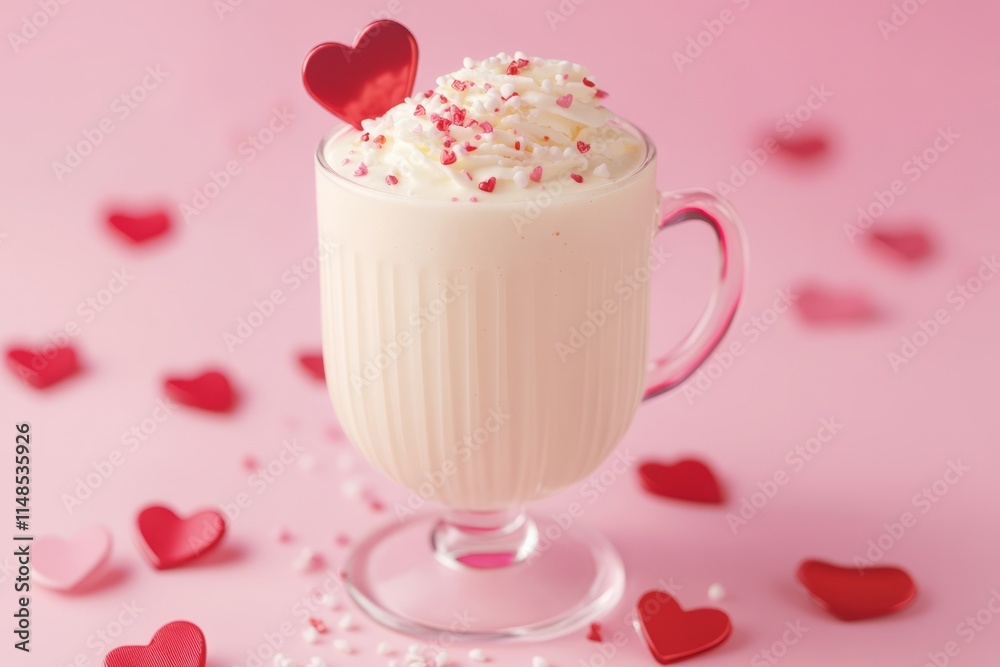 Celebrate Valentine's Day with a delicious pink latte topped with whipped cream and heart-shaped sprinkles, plus heart-shaped chocolates with blank space for text Celebrate Valentine's Day with a delicious pink latte topped with whipped cream and heart-shaped sprinkles, plus heart-shaped chocolates with blank space for text