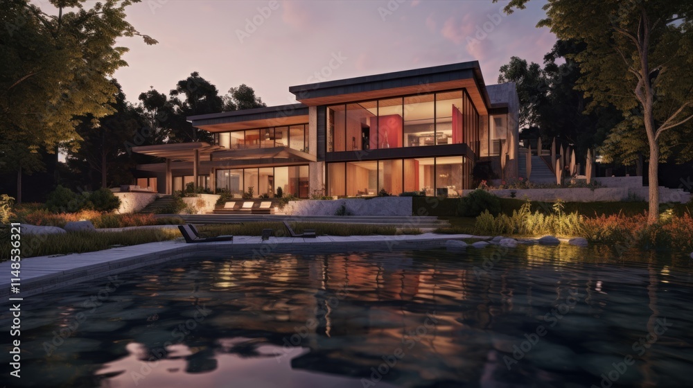 Modern Lakeside House Evening Twilight Reflection Modern Lakeside House Evening Twilight Reflection