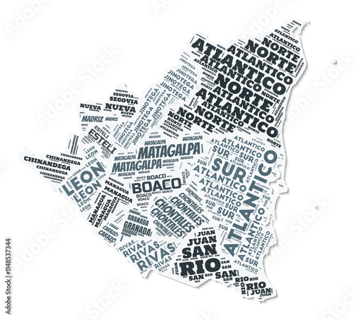 Nicaragua shape text cloud. Country border with shadow on white background. Nicaragua with regions division in vintage gazette style. Classy vector illustration.