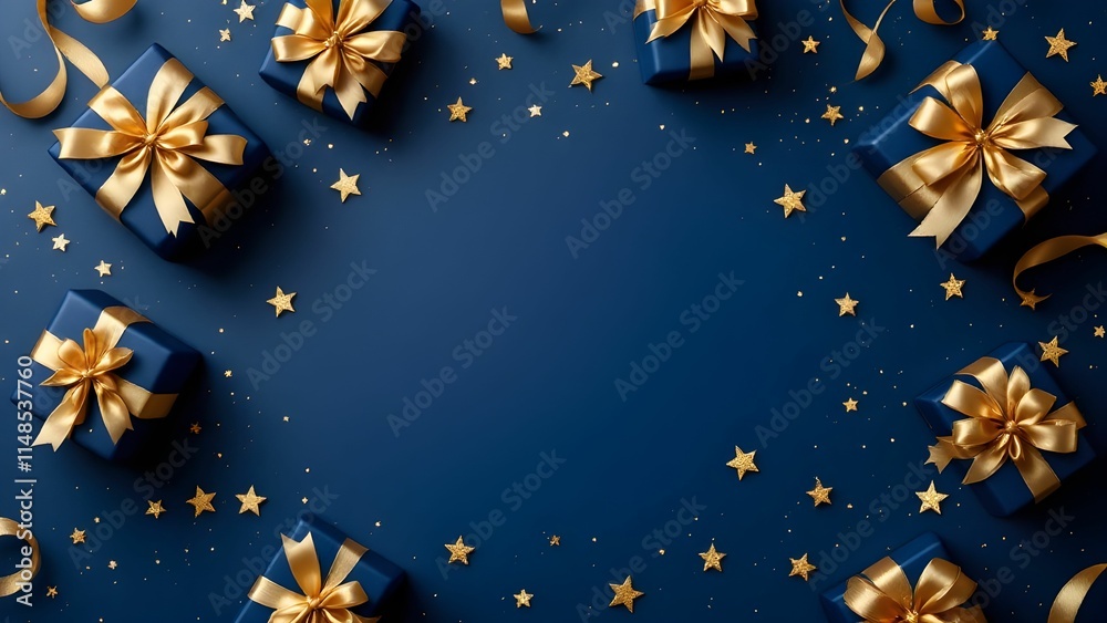 Fototapeta premium Illustration of blue gifts with golden bows and ribbons placed on blue background near stars.