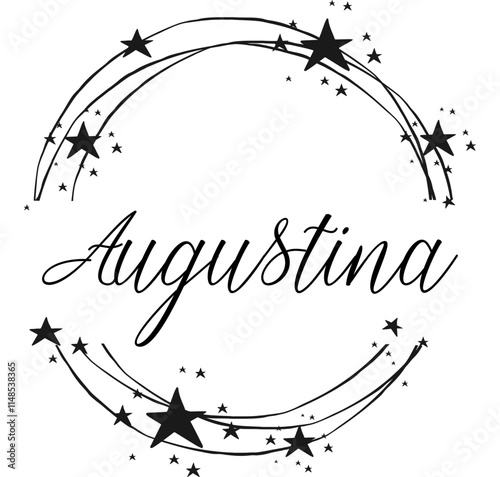 Augustina - name written between circles and stars, round logo, vector graphic design for parties and Christmas time, banners, postcards, sweatshirt, prints, cricut, silhouette, sublimation
