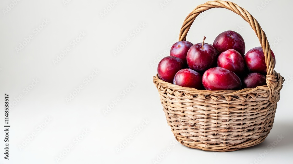 Harvesting of ripe pink plums collected in a basket on a white background, agribusiness concepts, organic healthy food and fruit without GMOs with a copy of the space Harvesting of ripe pink plums collected in a basket on a white background, agribusiness concepts, organic healthy food and fruit without GMOs with a copy of the space