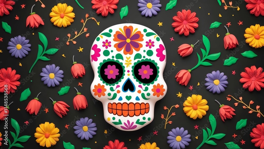 3d illustration of sugar skull with floral ornament 3d illustration of sugar skull with floral ornament
