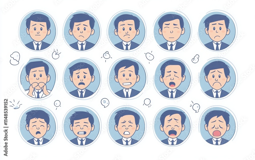 A set of different facial expressions for an avatar, featuring a business person in a flat design style. The avatar is displayed on a white background A set of different facial expressions for an avatar, featuring a business person in a flat design style. The avatar is displayed on a white background