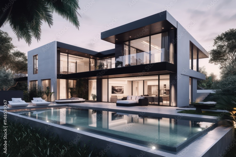Modern Luxury Home With Infinity Pool At Dusk Modern Luxury Home With Infinity Pool At Dusk