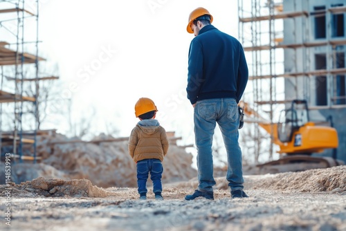 Father, son stand on construction site observing progress of building project. Father wears work uniform, safety helmet. Son wears casual attire, safety helmet. Construction equipment, scaffolding in photo