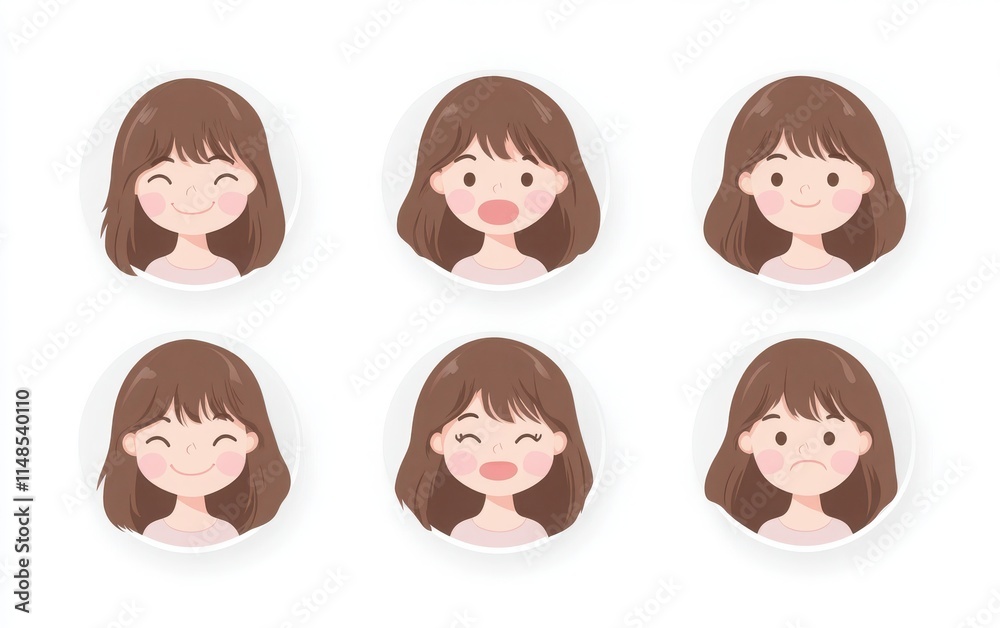 A set of vector illustration icons featuring a female character with brown hair and light pink eyes. The character shows different facial expressions such as smiling, happy, sad, and crying. A set of vector illustration icons featuring a female character with brown hair and light pink eyes. The character shows different facial expressions such as smiling, happy, sad, and crying.