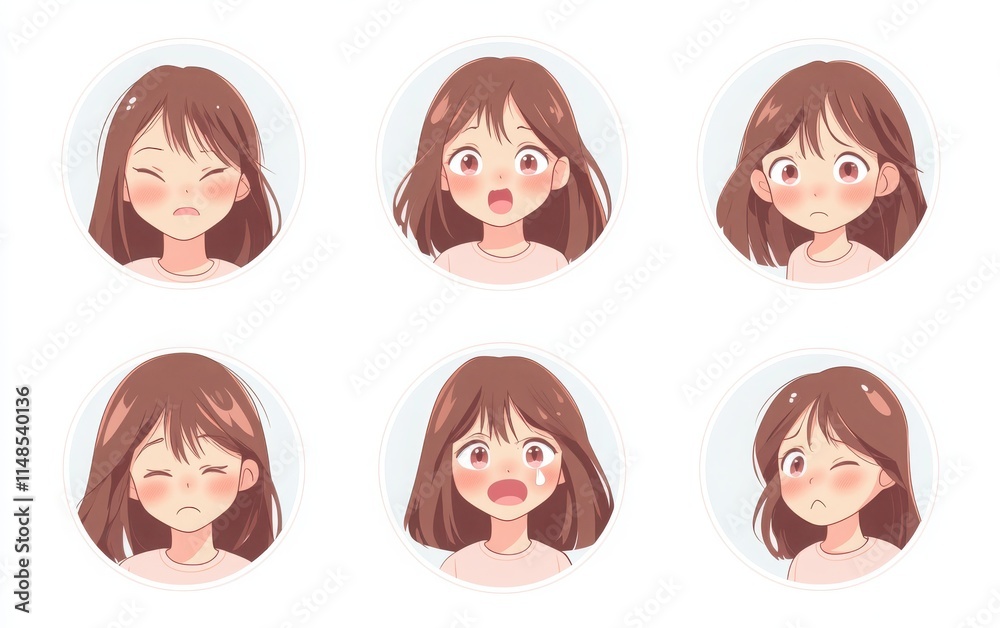 A set of vector illustration icons featuring a female character with brown hair and light pink eyes. The character shows different facial expressions such as smiling, happy, sad, and crying. A set of vector illustration icons featuring a female character with brown hair and light pink eyes. The character shows different facial expressions such as smiling, happy, sad, and crying.