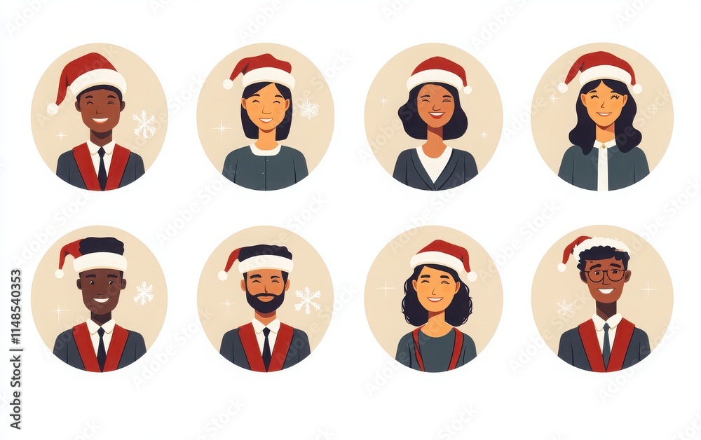 A set of vector-style round profile icons featuring multi-racial office workers and team members in a business environment, all wearing Santa hats. A set of vector-style round profile icons featuring multi-racial office workers and team members in a business environment, all wearing Santa hats.