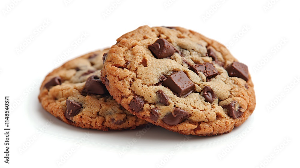 Two delicious chocolate chip cookies isolated on white background. Two delicious chocolate chip cookies isolated on white background.