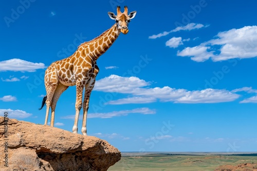 A majestic giraffe standing on a rocky ledge overlooking a vast valley under a blue sky photo