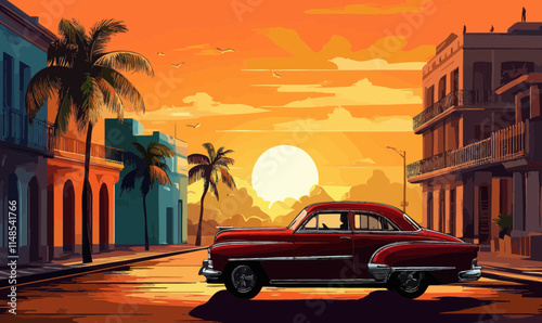 Vintage Cuban Car at Havana Sunset - Flat Minimalist SVG Vector Art