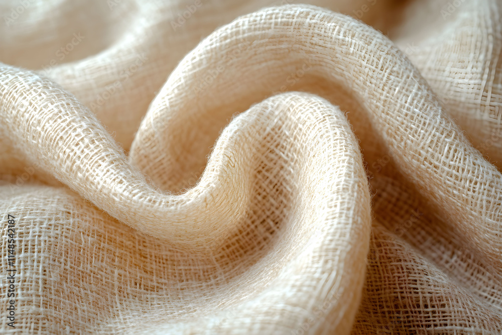 Fototapeta premium Soft beige linen fabric draping gracefully under natural light showcasing texture and weave details. Neutral background.