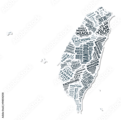 Taiwan shape text cloud. Country border with shadow on white background. Taiwan with regions division in vintage gazette style. Trending vector illustration.
