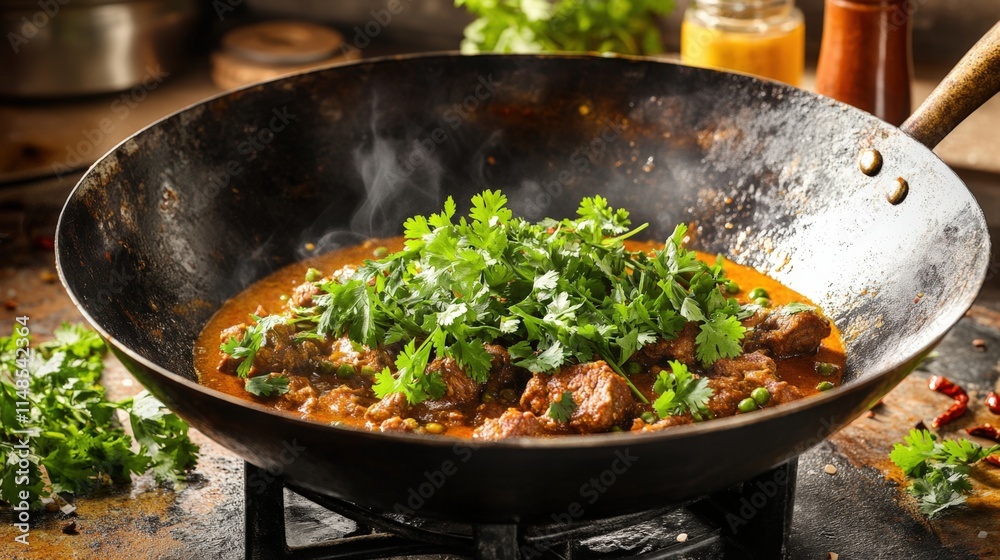 Steaming hot curry in a wok, garnished with fresh cilantro. Steaming hot curry in a wok, garnished with fresh cilantro.