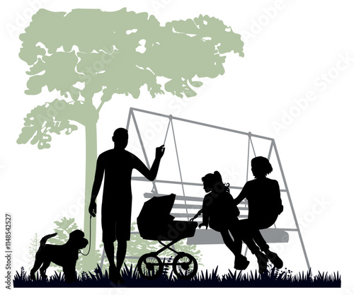 Family silhouettes. Mother and father with children on a swing bench. Vector illustration.	
