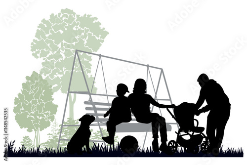 Family silhouettes. Mother and father with children on a swing bench. Vector illustration.	
