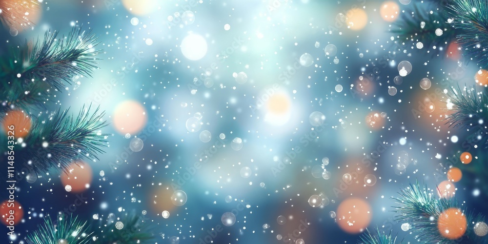 Fototapeta premium A captivating winter scene banner that showcases a beautifully crafted tree adorned with enchanting bokeh lights and shimmering glowing ornaments, all contributing to a cozy and festive atmosphere