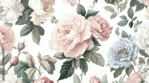 Wallpaper Mural Pattern With Peony Branches. Floral Print. Indulge in timeless elegance with exquisite Floral Toile De Jouy Seamless Pattern. Pastel color, pastel tone	 Torontodigital.ca