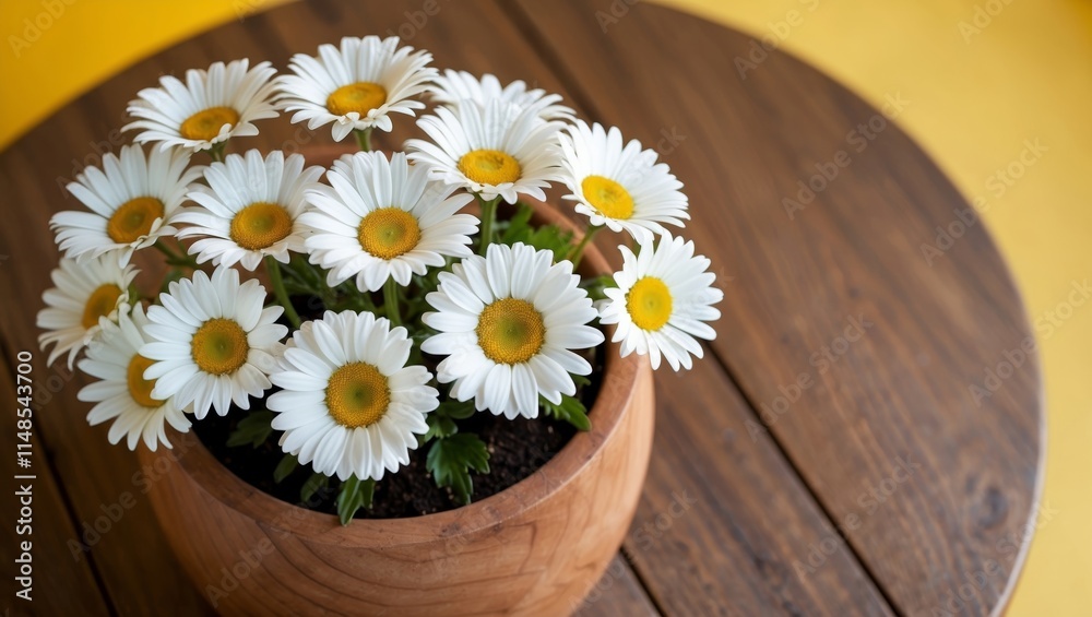 Obraz premium Beautiful white daisies in wooden pot on table