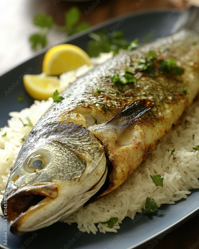 Roasted sea bass with rice and lemon. Roasted sea bass with rice and lemon.