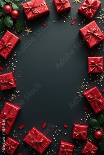 Valentine gift box border on dark. Frame of surprize box package with ribbon