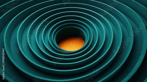 Abstract teal circular layers spiraling inward with orange center glowing, modern design background for technology, innovation, or futuristic themes with dynamic depth and vibrant contrast imagery