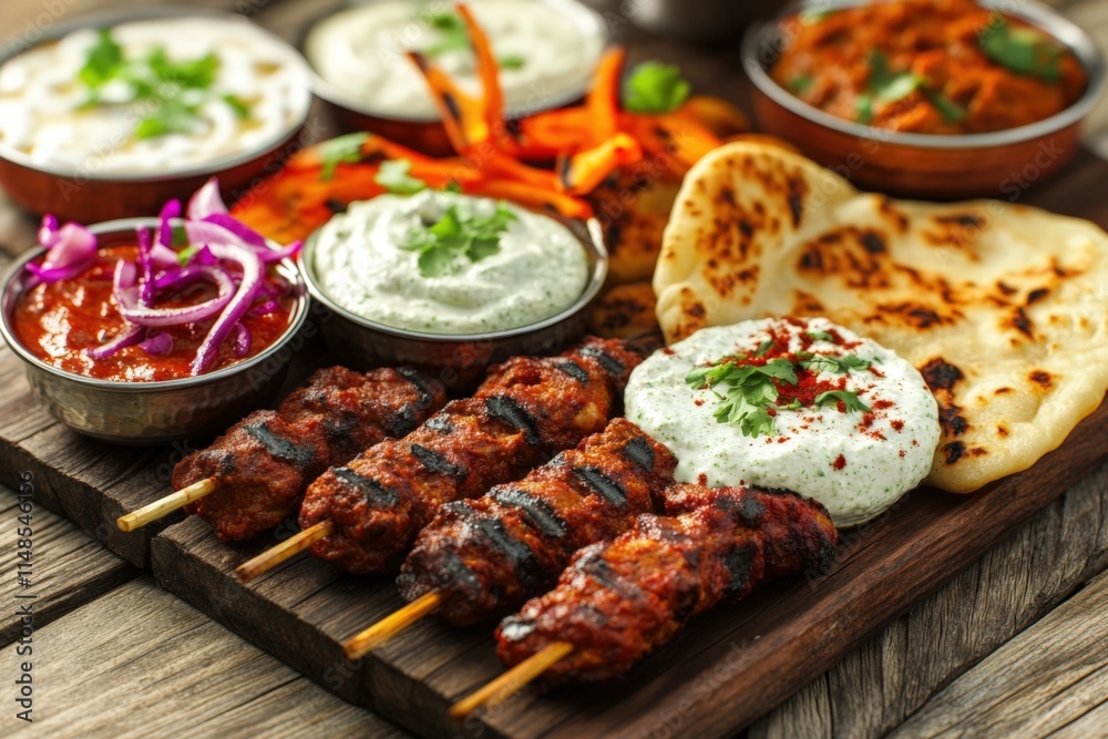 Grilled kebabs, dips, naan bread, and roasted vegetables on a wooden board.