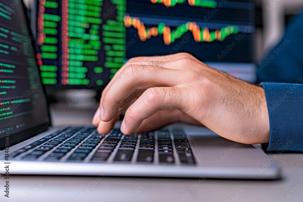 A realistic close-up of a forex trader hand placing a trade on a keyboard, with a multi-screen setup in the background A realistic close-up of a forex trader hand placing a trade on a keyboard, with a multi-screen setup in the background