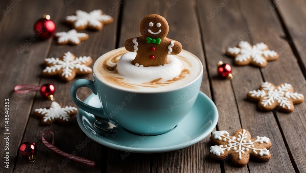 Cappuccino with foam art and christmas gingerbread man Cappuccino with foam art and christmas gingerbread man