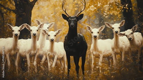 A striking contrast of a black stag surrounded by white deer in a serene autumn forest setting. photo