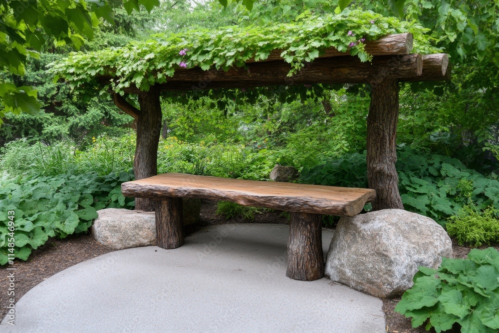 A rustic pergola covered in climbing vines and hanging flowers, creating a natural shaded retreat in the garden A rustic pergola covered in climbing vines and hanging flowers, creating a natural shaded retreat in the garden