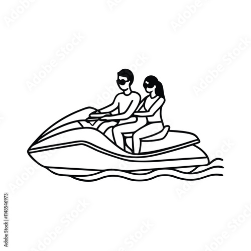 a black and white line drawing of a man and a woman riding on a jet ski