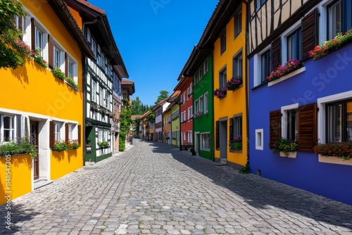 A serene Bavarian village with colorful half-timbered houses, cobblestone streets, and flower boxes on windows