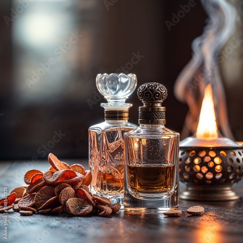 Two perfume bottles in oriental style in warm colors, representing luxury against a burning lamp with dry wood photo