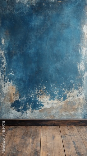 A textured blue wall, background, mockup with a rustic wood, background, wooden, planken floor, creating a moody atmosphere.