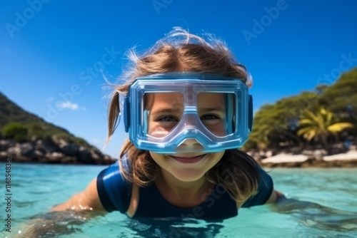 Cute little girl wearing diving mask in the water of a tropical beach