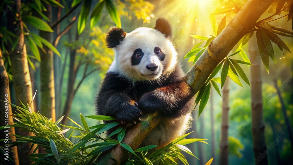 Obraz premium Adorable Chengdu Panda Cub Playing in Bamboo Tree - Cute Giant Panda Baby Photo - China Wildlife