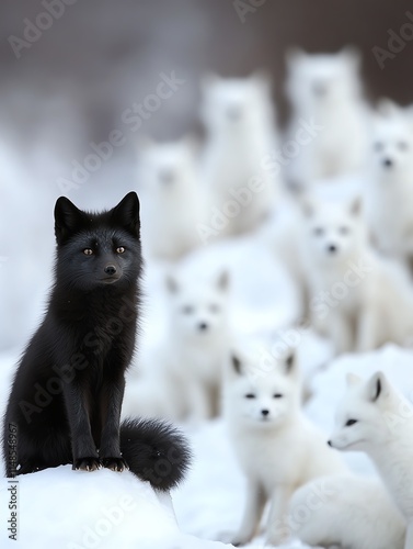 A striking black fox stands out among a group of white arctic foxes in a snowy landscape. photo