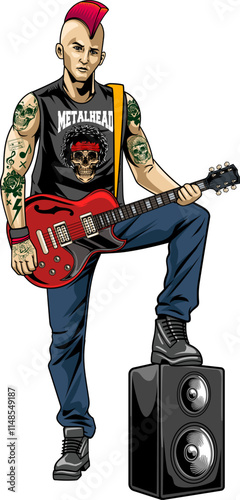 Punk Man playing Guitar World Rock Day in Vector Cartoon Illustration