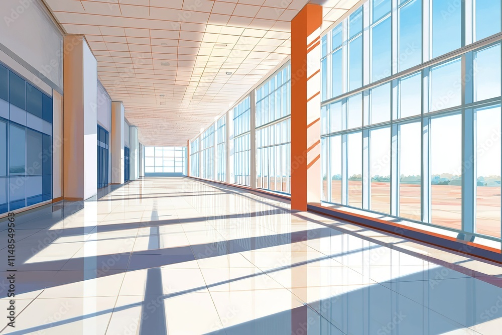 Fototapeta premium Airport terminal or shopping mall stylish interior with windows. Nobody