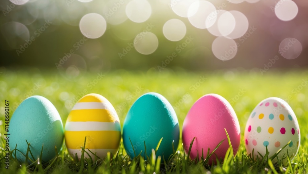Colorful easter eggs resting on green grass