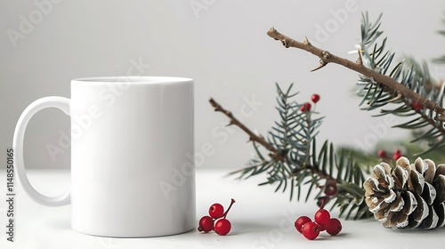 Front view of a mockup of a white porcelain tea mug decorated for christmas holidays