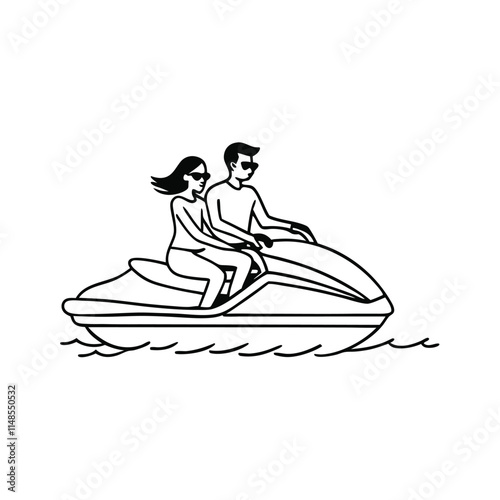 a black and white line drawing of a man and a woman riding on a jet ski