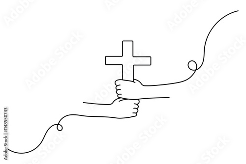 Hands in prayer in front of cross one line drawing of christian three outline vector icon