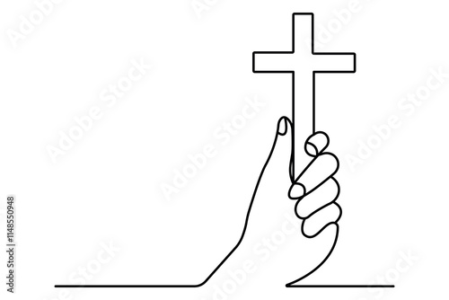 Hands in prayer in front of cross one line drawing of christian three outline vector icon
