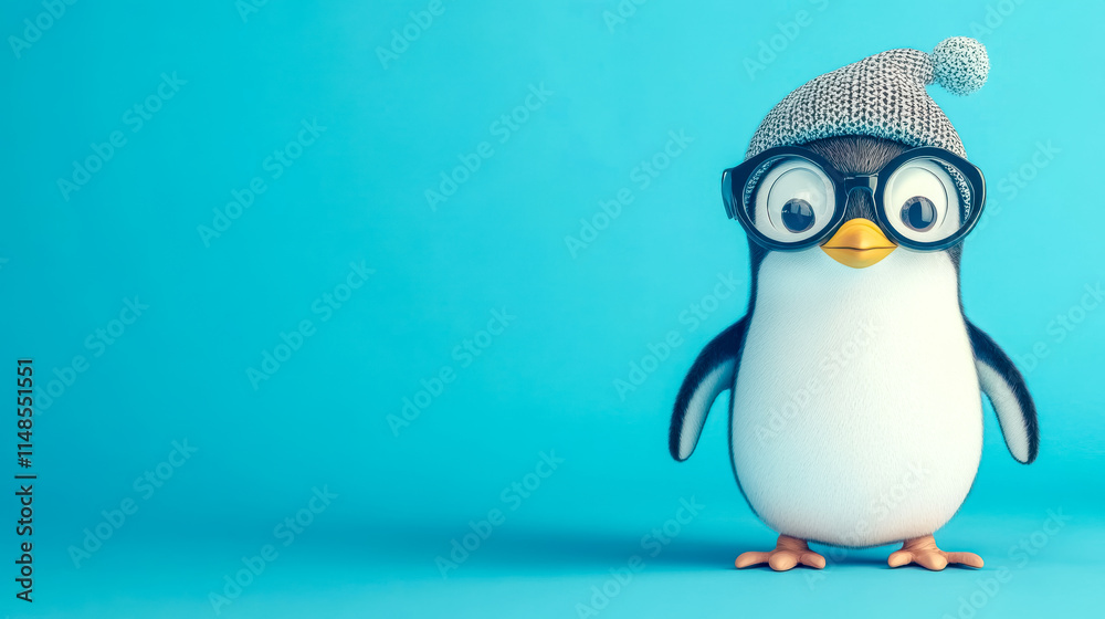 Obraz premium Funny penguin wearing oversized glasses and a wool cap on blue background