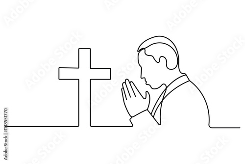 Hands in prayer in front of cross one line drawing of christian three outline vector icon