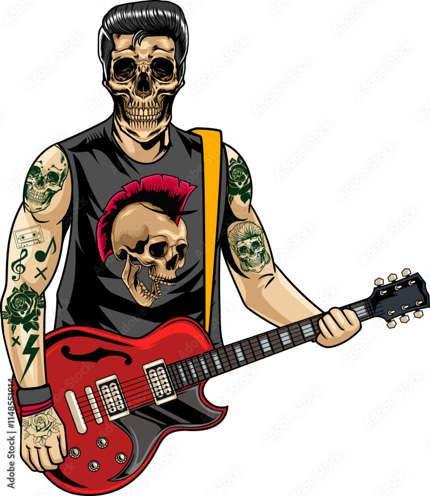Fototapeta premium Skull Man playing Guitar World Rock Day in Vector Cartoon Illustration