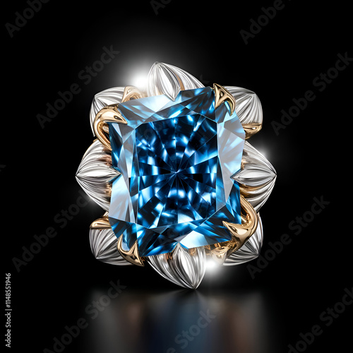 beautiful blue diamond-sapphire against black background  jewelry. digital artwork.  Ai generated